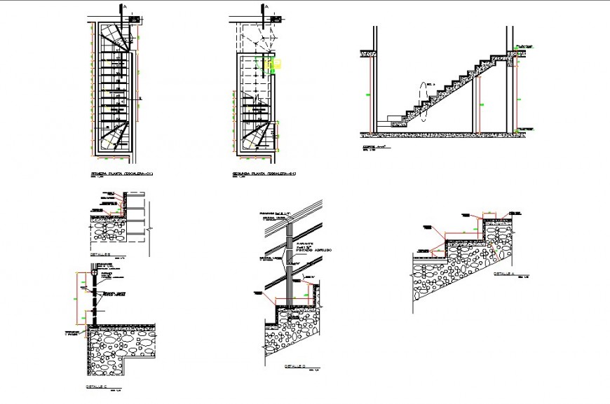 2d view of Staircase construction detail plan and section layout file in dwg format