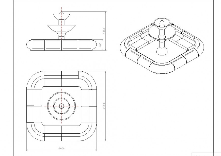 2d view plan and elevation of fountain design CDAD block layout autocad file