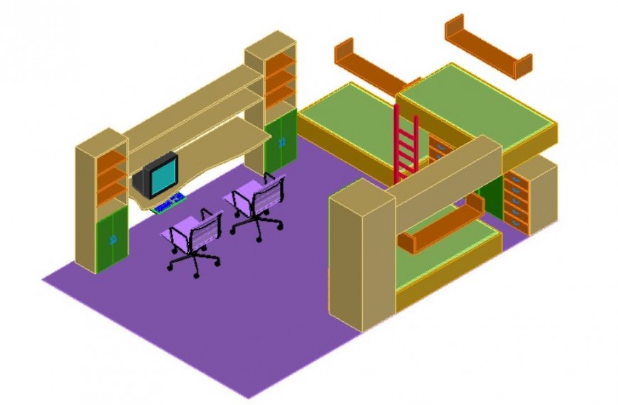 3D Kid room furniture detail dwg file in Autocad format