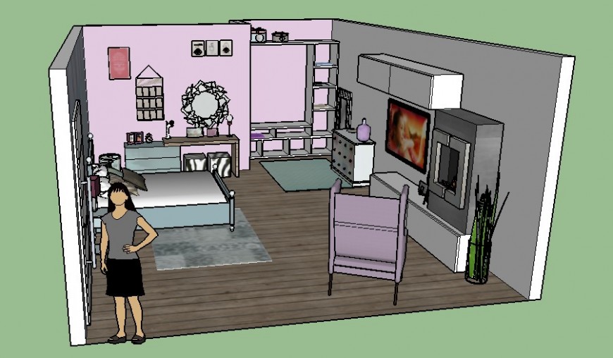 3d model of bedroom with furniture in skp Sketch Up file.