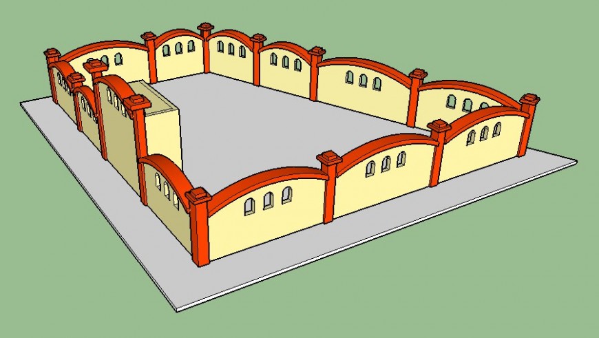 3d model of compound wall drawing in sketch-up