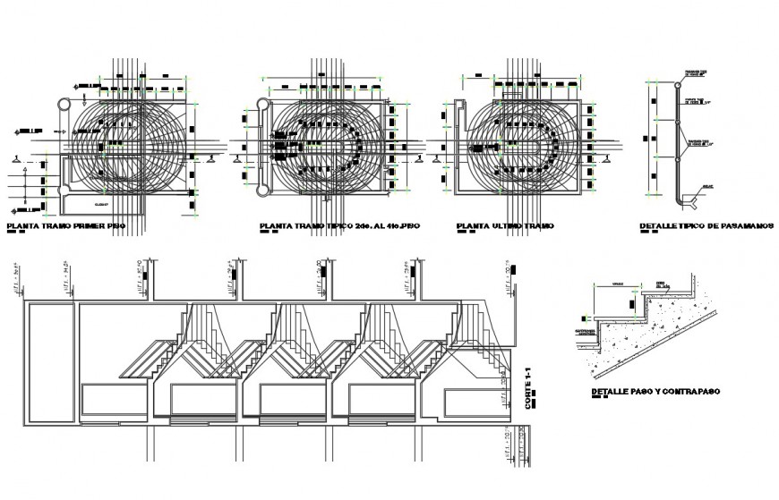 All floors staircase section and structure details of apartment building dwg file
