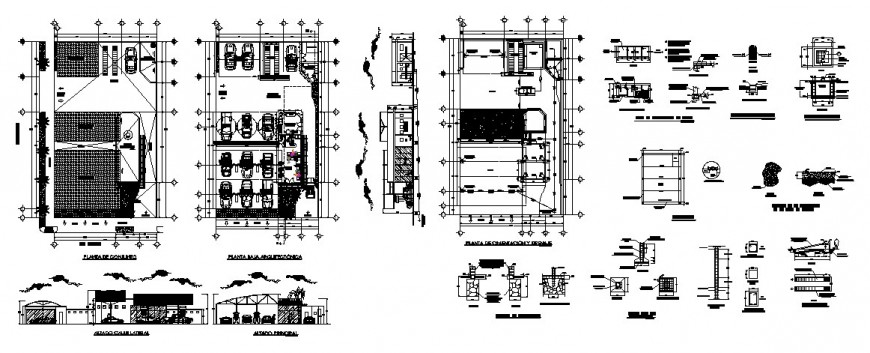 Auto-mobile car wash center elevation, section, floor plan and auto-cad details dwg file
