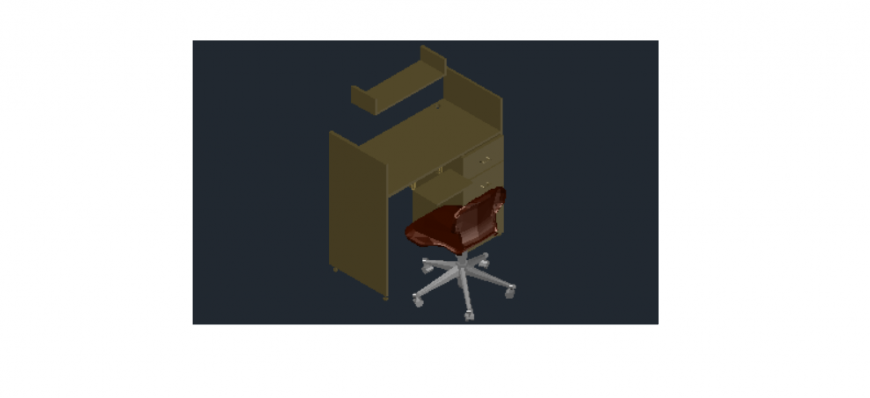 Autocad file of computer desk 3d with self and chair.
