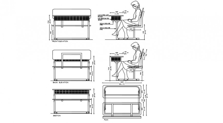 Bank furniture table and chair with human figure detailing 2d dwg file