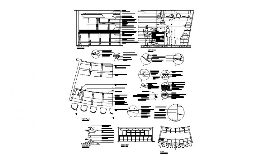 Bar counter elevation, part elevation, section, plan and cad drawing details dwg file