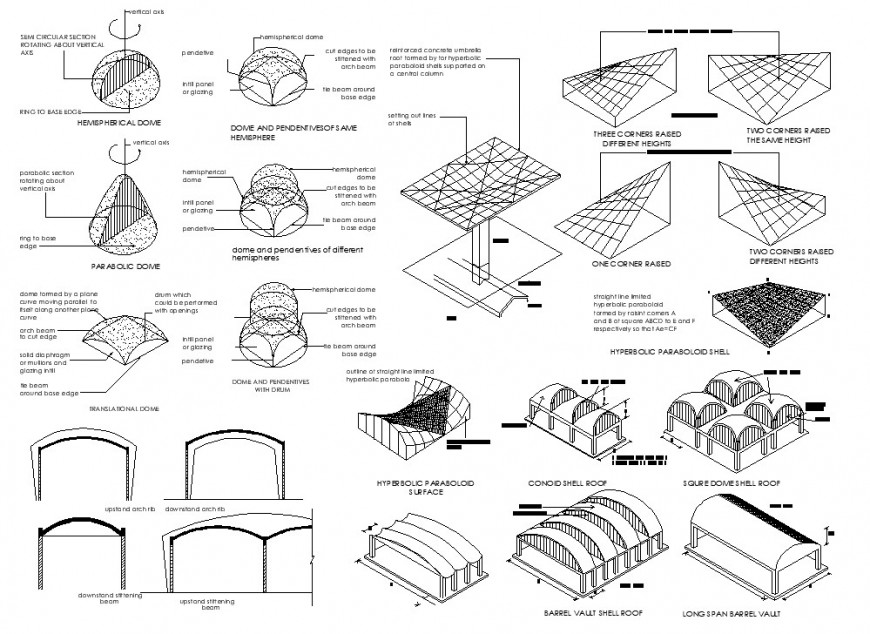 Barrel roof blocks detail 2d view layout file in dwg format