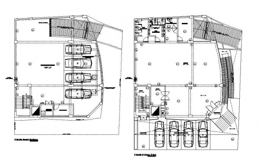 Basement car parking floors plan and sanitary installation details dwg file
