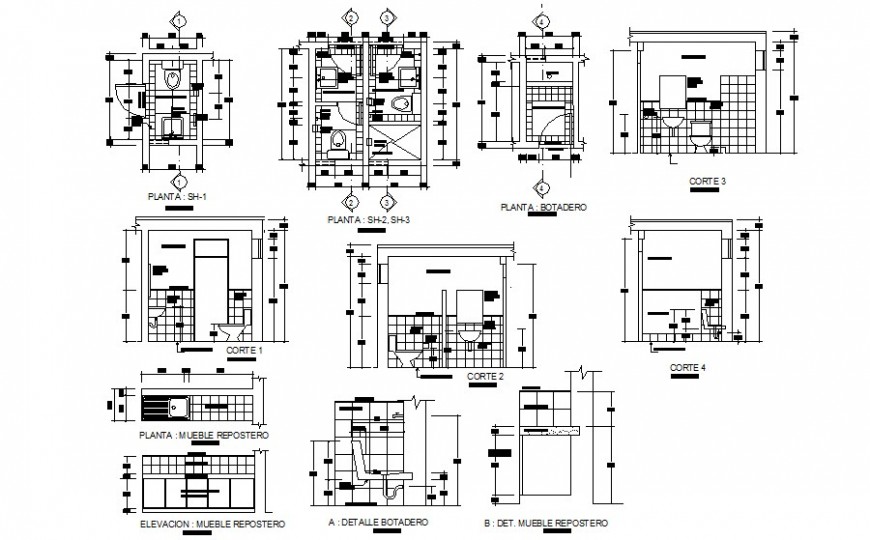 Bathroom blocks detail plan and section drawing in autocad