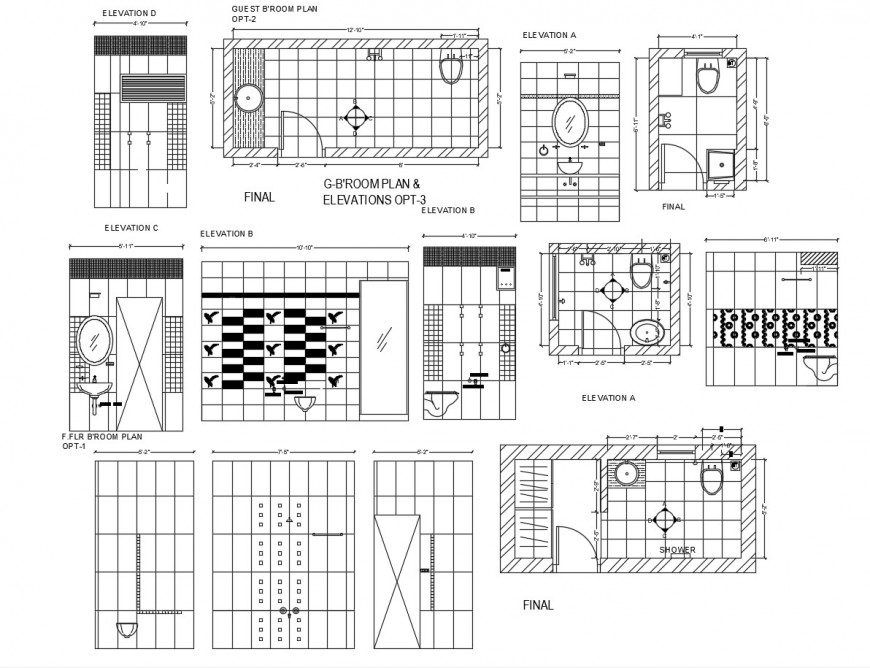 Bathroom elevation, plans and sanitary installation cad drawing details dwg file