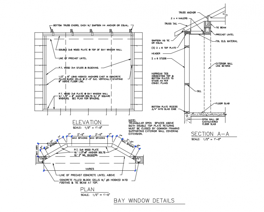 Bay window elevation, plan and section structure details dwg file