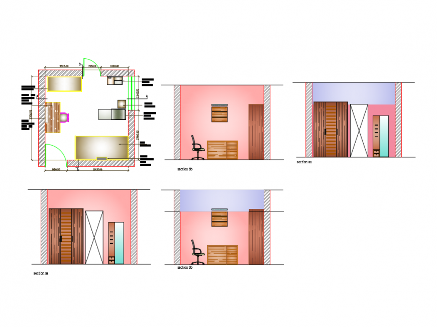Bedroom sectional details with top view furniture layout plan and plan details dwg file