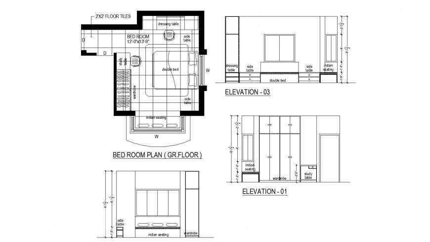 Bedroom working drawing in dwg AutoCAD file.
