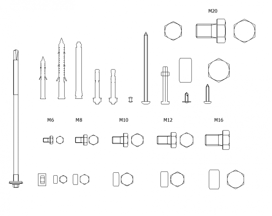 Bolts and nuts plan autocad file