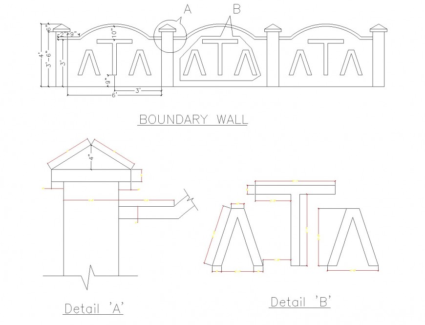 Boundary wall elevation and section plan layout file