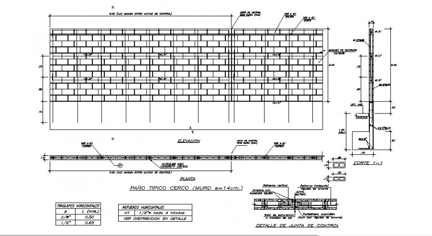Brick masonry wall elevation and section autocad drawing