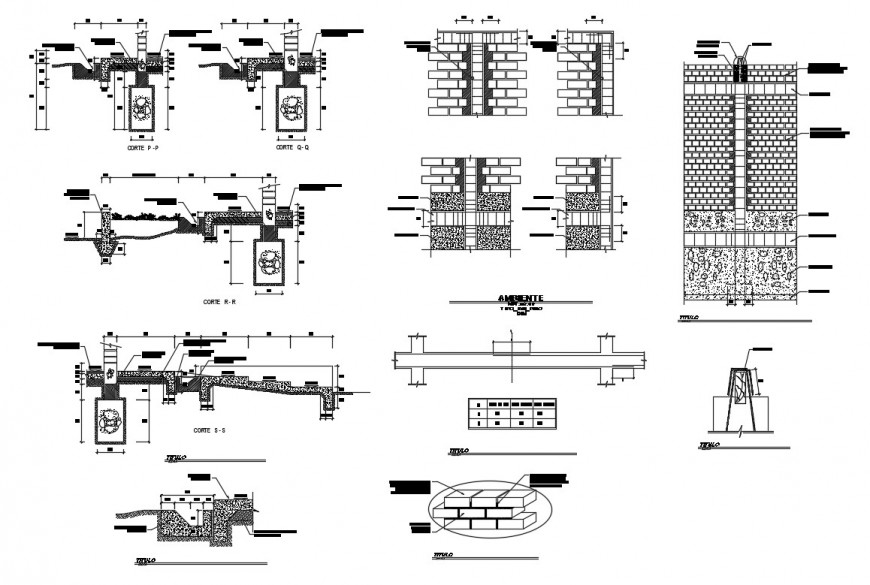 Brick wall section, elevation and constructive structure details dwg file