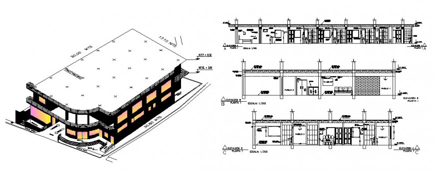 Building units elevation and isometric view detail in autocad