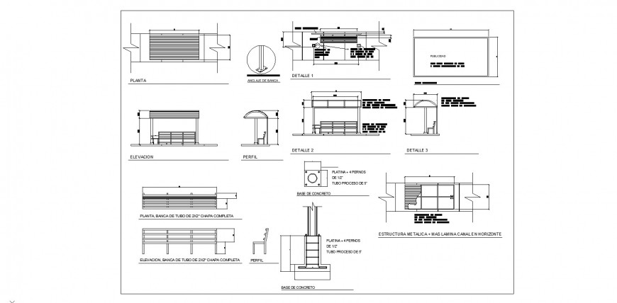 Bus stop stand detail drawing in dwg AutoCAD file.