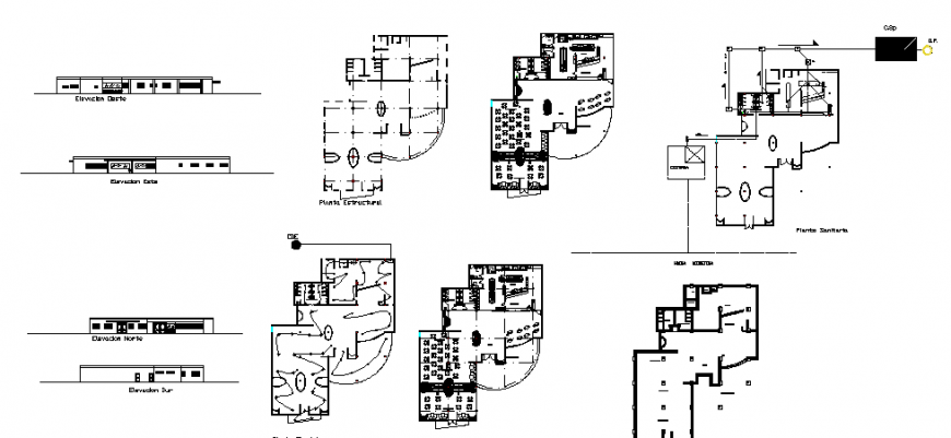 Cafeteria with fast-food restaurant all sided elevation, floor plan, electrical layout and structure details dwg file