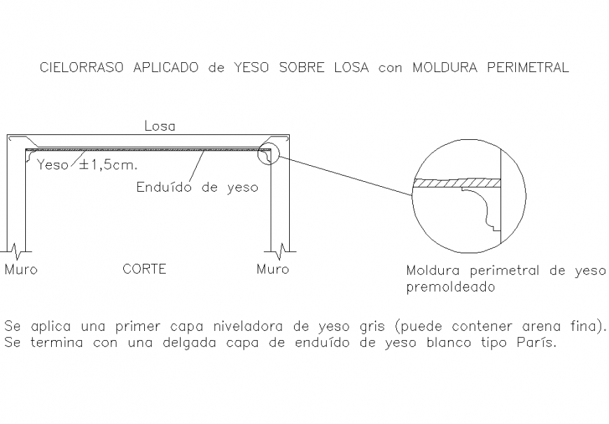 Ceiling applied gypsum on slab with perimeter trim detail dwg file