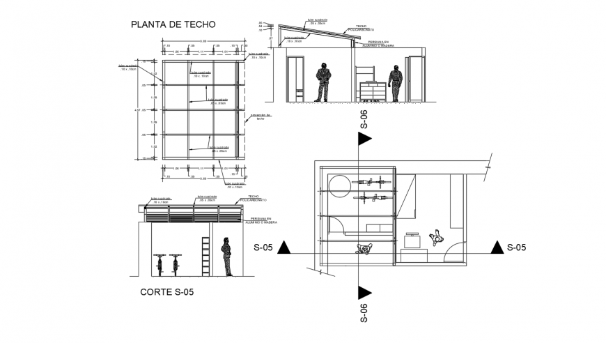 Ceiling area plan and section view with construction view dwg file