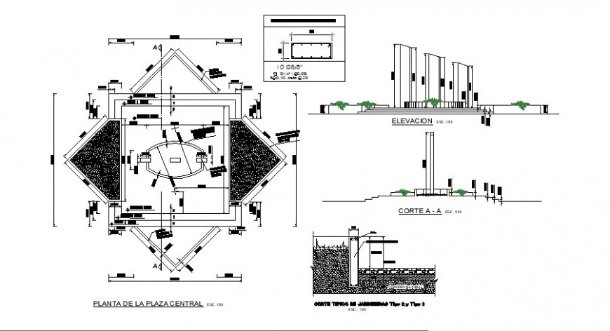 Central plaza theme park layout plan and landscaping structure details dwg file