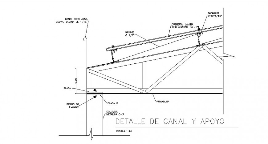 Channel detail and support structure for roof cad drawing details dwg file