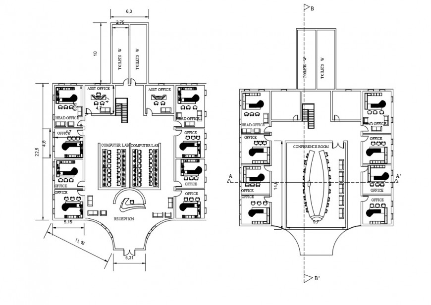 Civic center head office ground and first floor plan cad drawing details dwg file