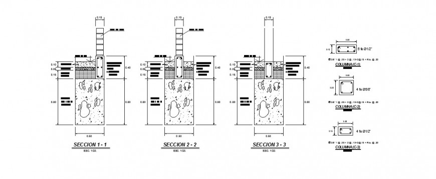 Column sections and constructive structure details of house dwg file