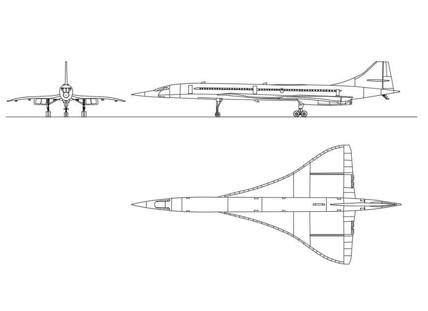 Concorde fighter jet air plane front, side and top view elevation design blocks details dwg file