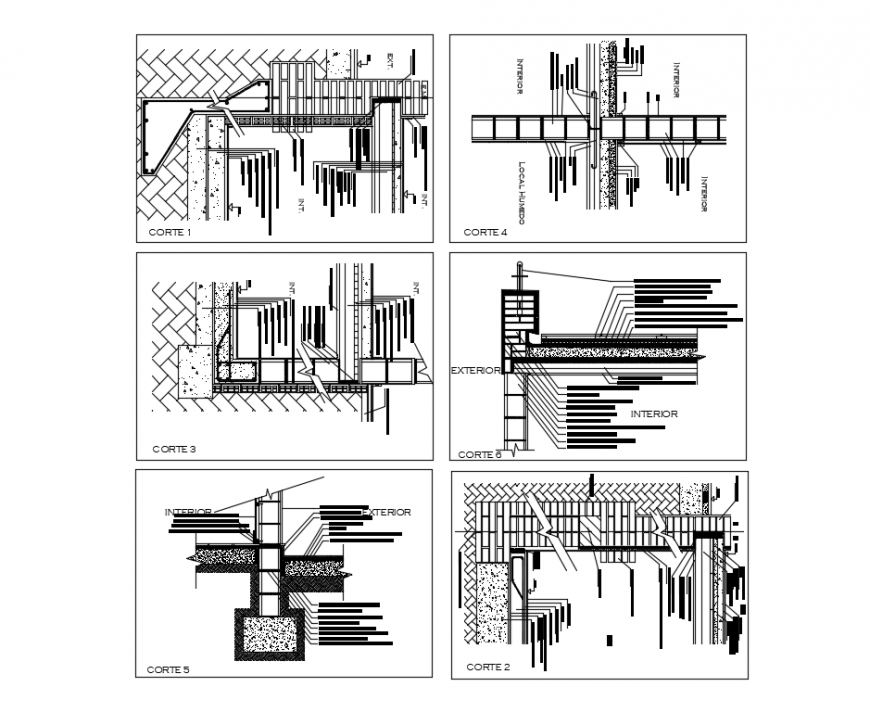 Connection slabs walls foundations constructive details dwg file