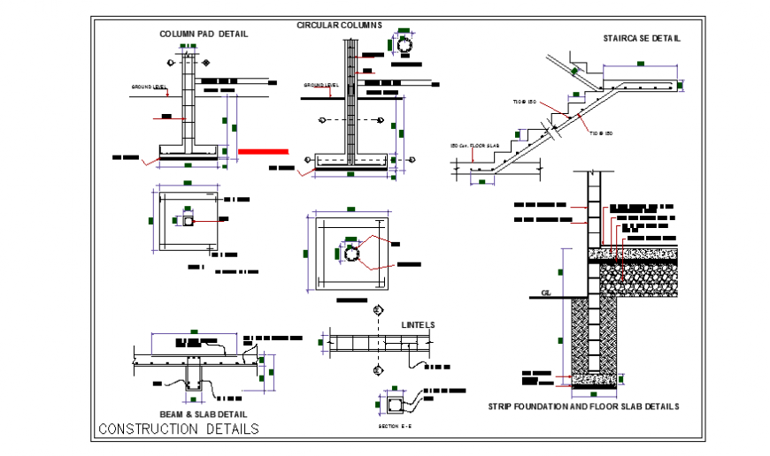 Construction detail & stair detail plan design drawing of Bungalow design