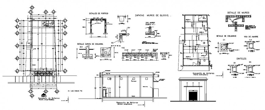 Constructive section, foundation, structure, column and construction details of office building dwg file