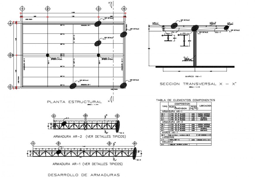 Constructive structure and construction details with beams of hospital building dwg file