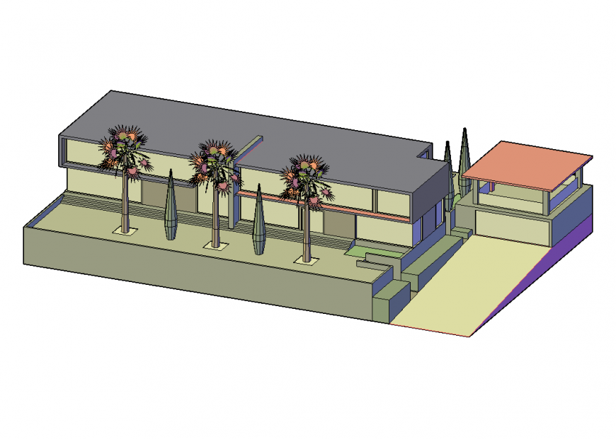 Contemporary 3d one family bungalow top view cad drawing details dwg file
