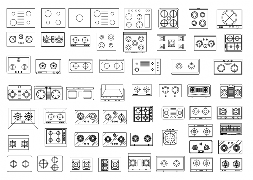Creative multiple cook top gas stoves cad blocks design dwg file