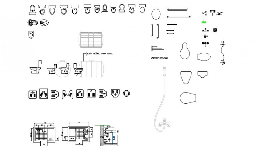 Creative multiple sanitary blocks like toilet sheet, shower blocks dwg file