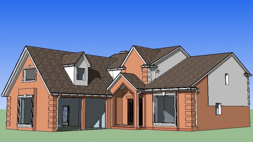 Creative roof style 3d bungalow cad drawing details dwg file