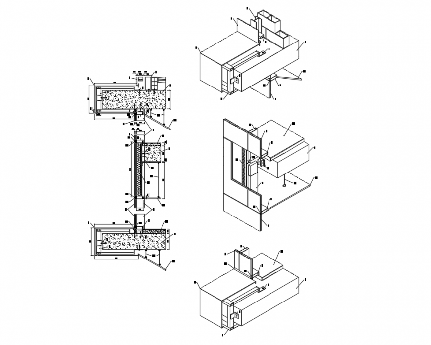 Curtain wall section details with isometric view cad  drawing details dwg file