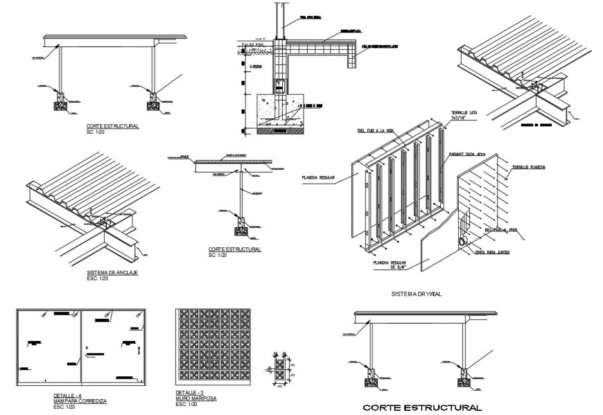 Detail 2d view section of column and roofing block autocad file