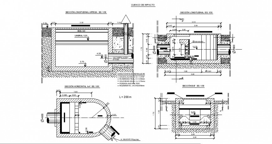 Detail impact bowl raft plan and section autocad file