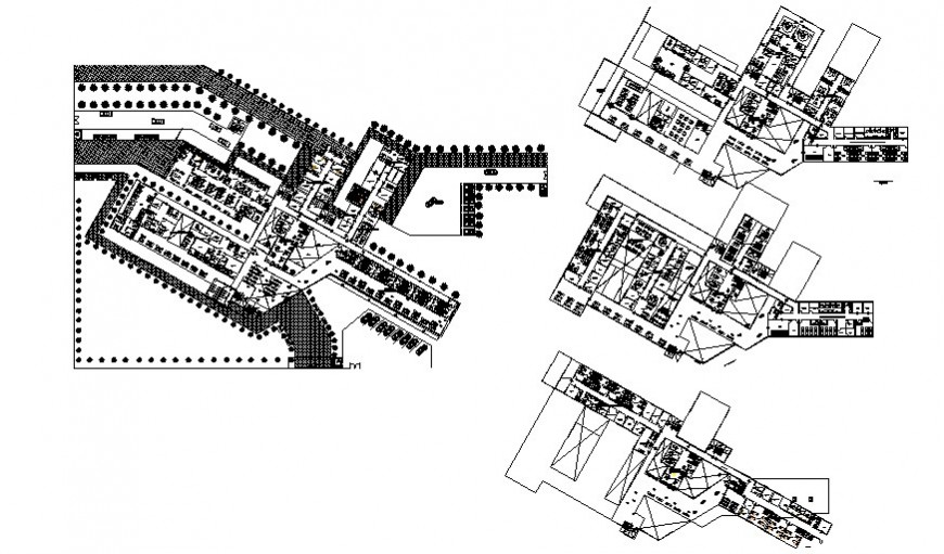 Detail work plan of building units with landscaping details in autocad