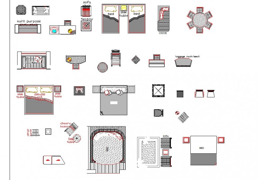 Different bedroom furniture blocks layout file in autocad format