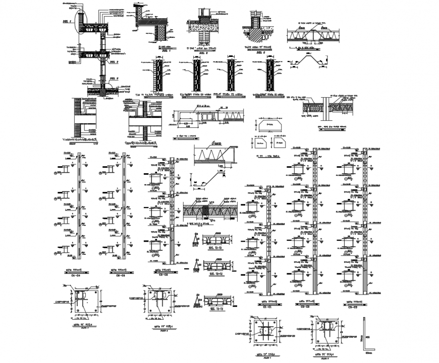 Different cut out sections of RCC structure autocad file