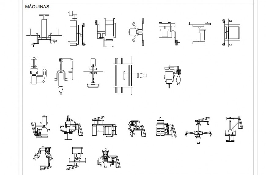 Different machinery CAD gym equipment block detail 2d view layout dwg file