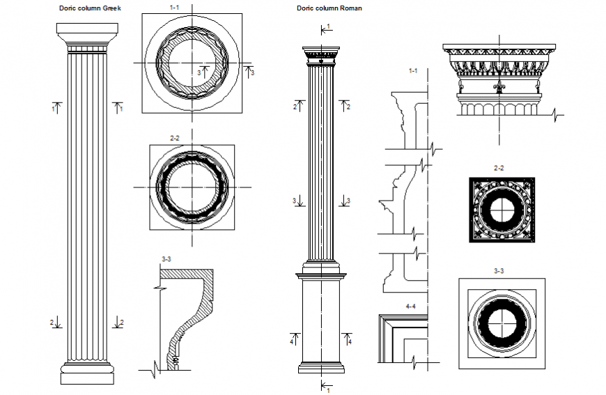 Doric greek column and roman column elevation and section details dwg file