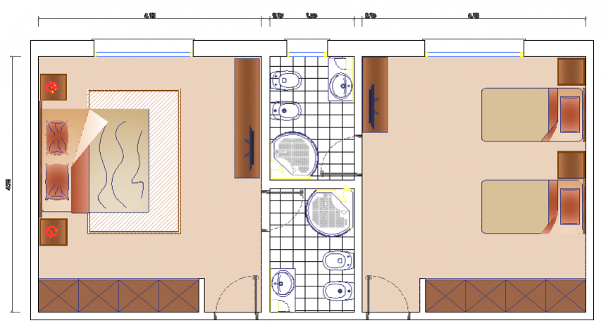 Double and single beds bedroom top view plan 3d drawing details dwg file