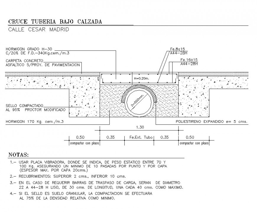 Drainage pipe under roadway detail 2d view CAD structural block autocad file