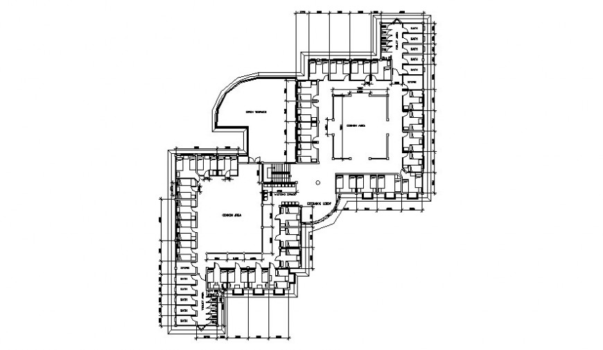 drawing of hostel 2d design autocad file which includes first floor plan with details of  entrance, bedrooms, toilets, bathrooms, common lobby, waitting, lobby, common area with dimensions.